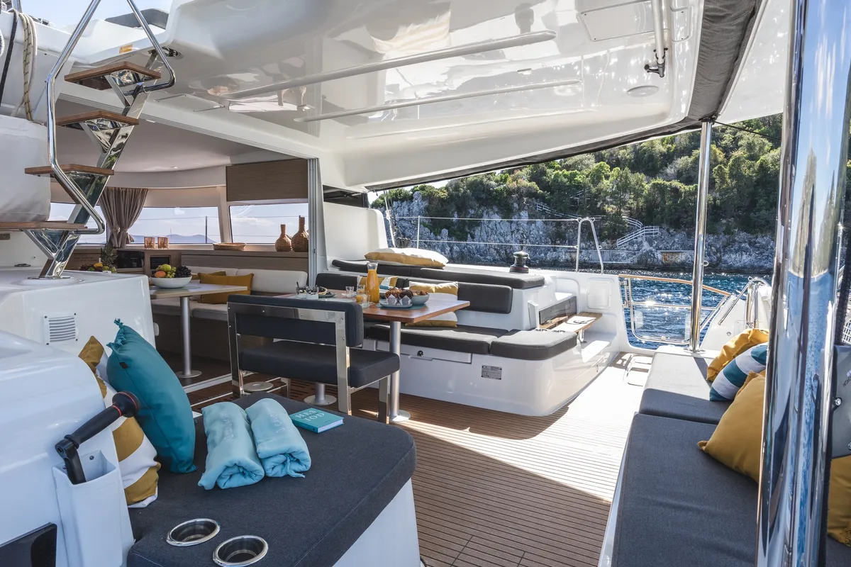 Deck of Solana, a Lagoon 43 catamaran at Municipal Unit of Lefkada, Greece