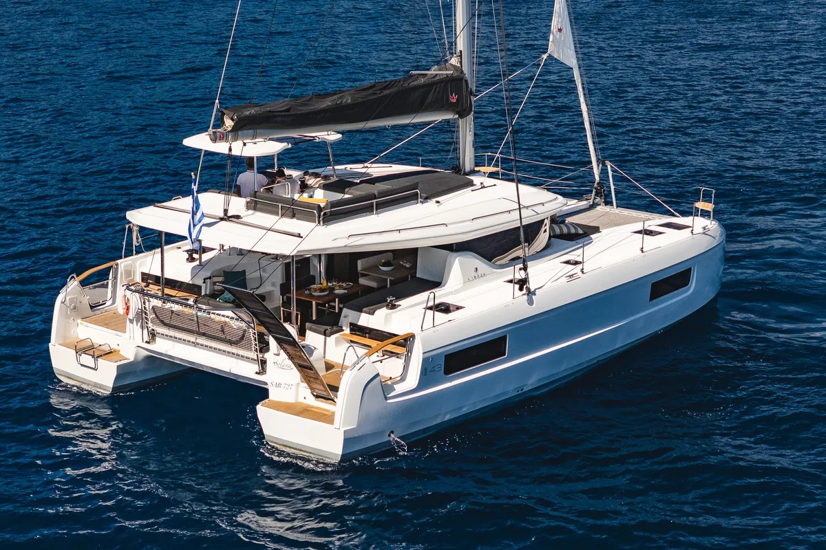 Exterior view of Solana, a Lagoon 43 catamaran at Municipal Unit of Lefkada, Greece