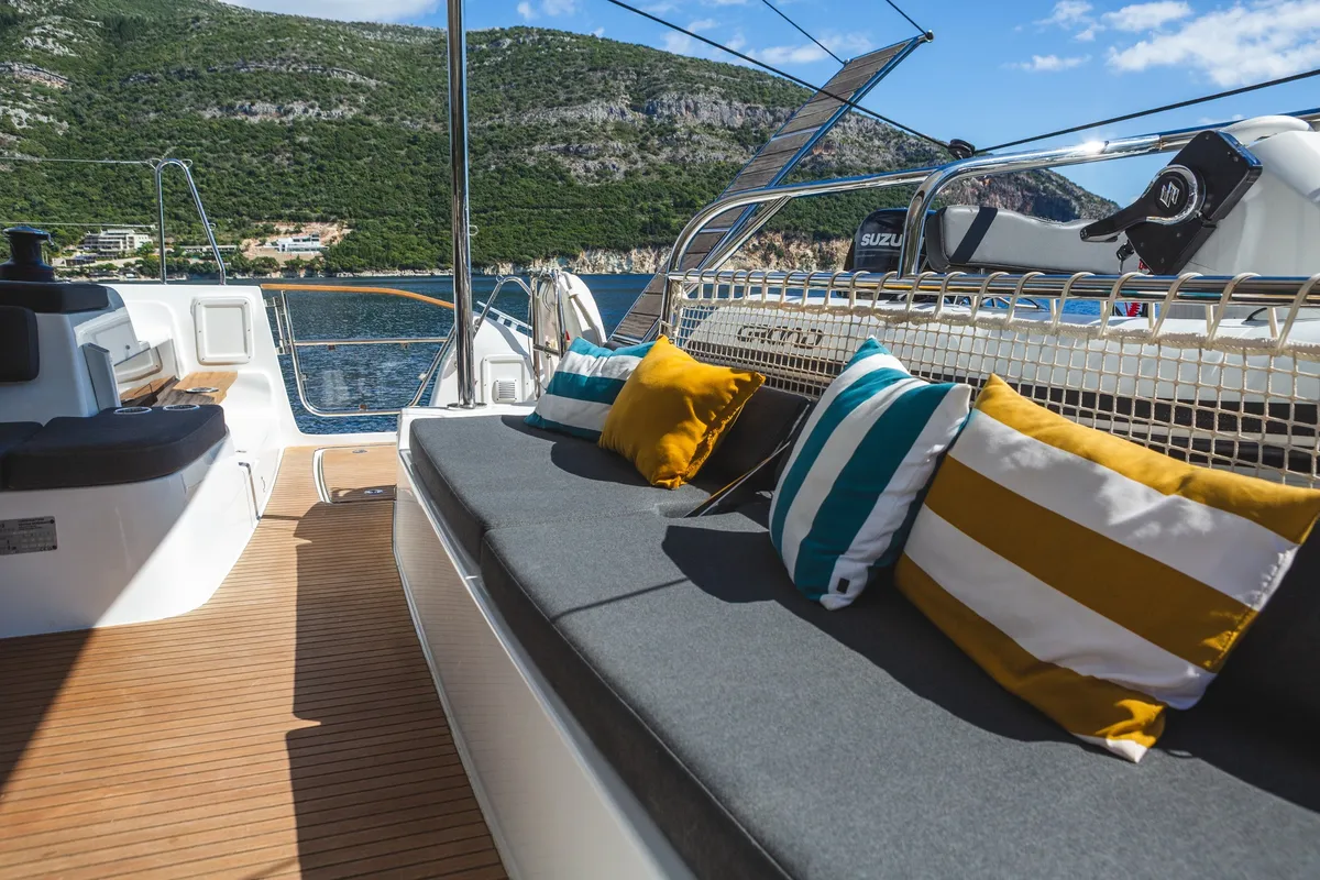 Deck of Solana, a Lagoon 43 catamaran at Municipal Unit of Lefkada, Greece