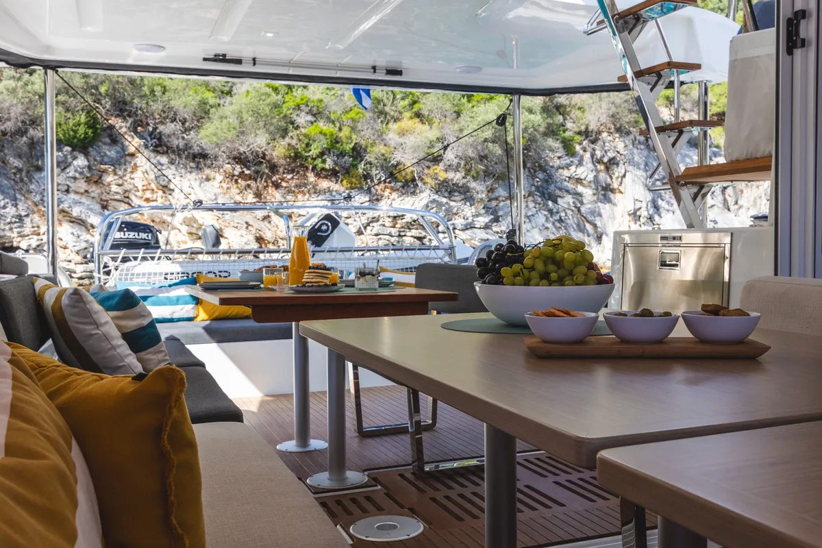 Deck of Solana, a Lagoon 43 catamaran at Municipal Unit of Lefkada, Greece