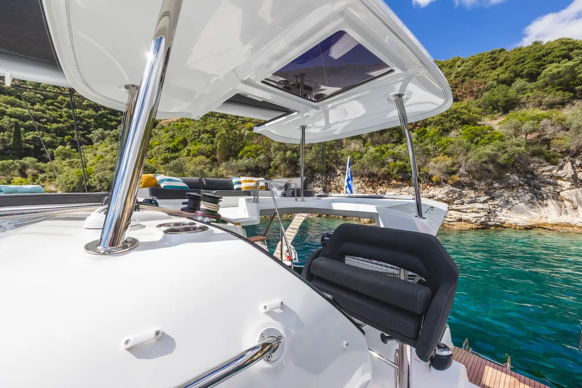 Cockpit of Solana, a Lagoon 43 catamaran at Municipal Unit of Lefkada, Greece