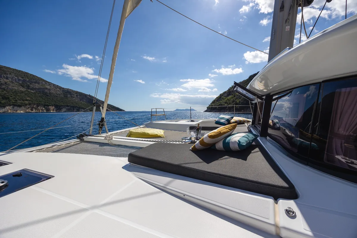 Deck of Solana, a Lagoon 43 catamaran at Municipal Unit of Lefkada, Greece
