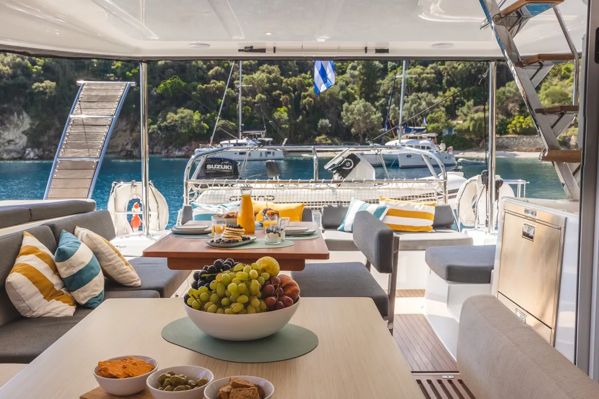 Deck of Solana, a Lagoon 43 catamaran at Municipal Unit of Lefkada, Greece