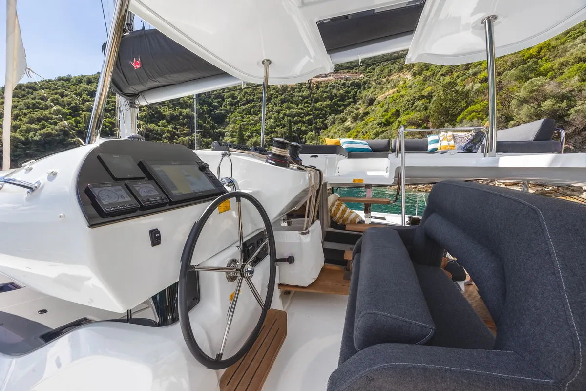 Cockpit of Solana, a Lagoon 43 catamaran at Municipal Unit of Lefkada, Greece
