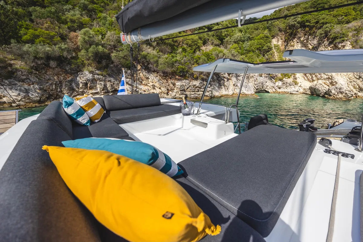 Deck of Solana, a Lagoon 43 catamaran at Municipal Unit of Lefkada, Greece