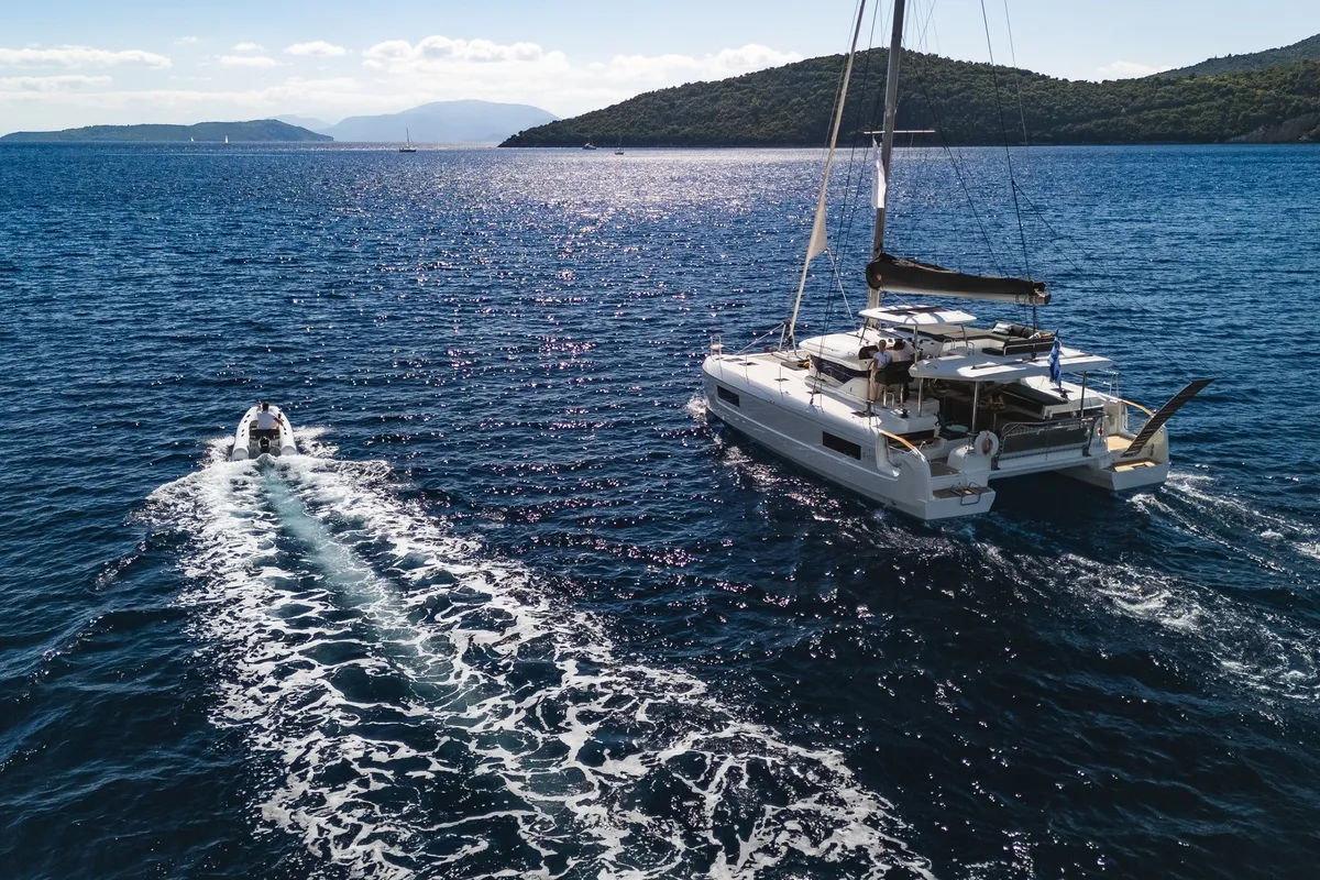Exterior view of Solana, a Lagoon 43 catamaran at Municipal Unit of Lefkada, Greece