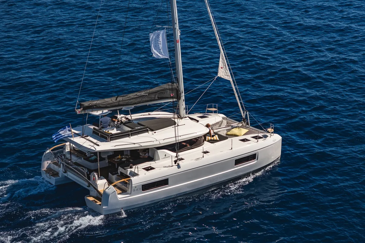 Exterior view of Solana, a Lagoon 43 catamaran at Municipal Unit of Lefkada, Greece