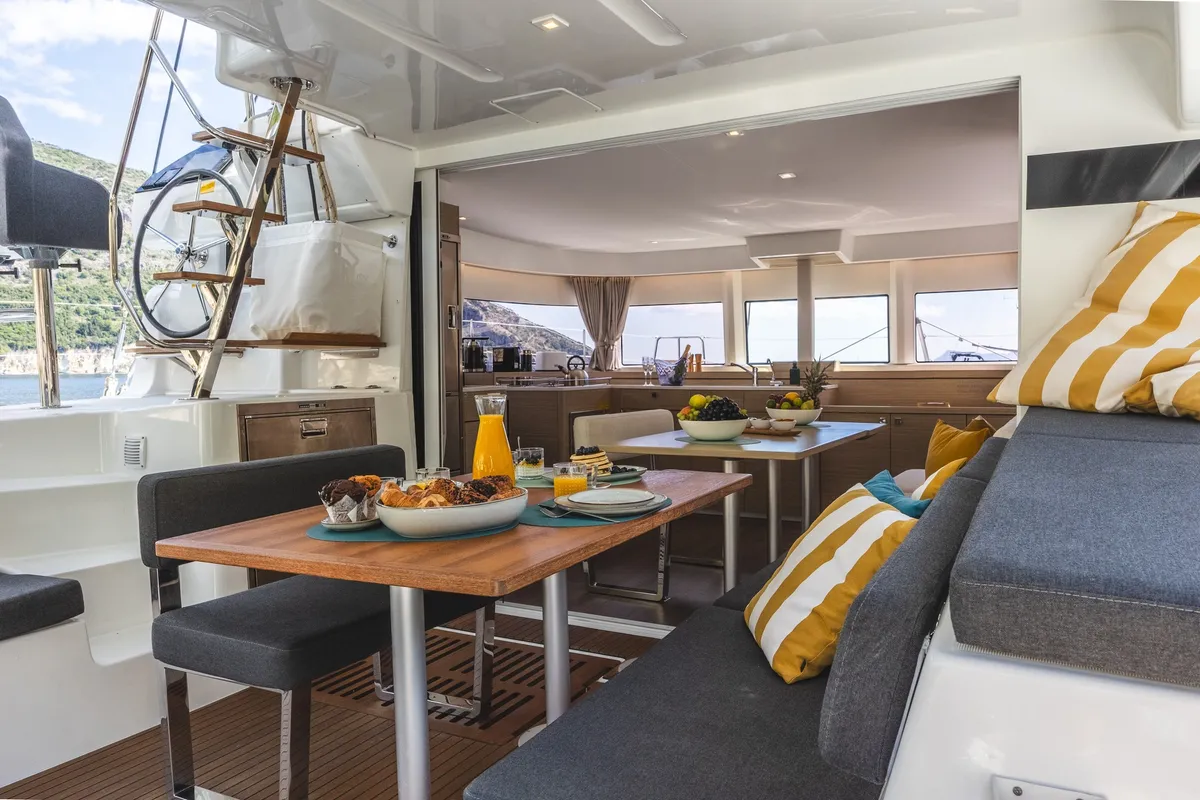 Deck of Solana, a Lagoon 43 catamaran at Municipal Unit of Lefkada, Greece