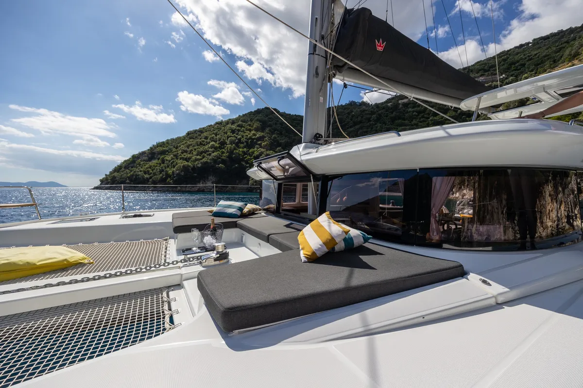 Deck of Solana, a Lagoon 43 catamaran at Municipal Unit of Lefkada, Greece