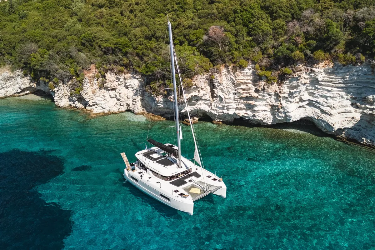Exterior view of Solana, a Lagoon 43 catamaran at Municipal Unit of Lefkada, Greece