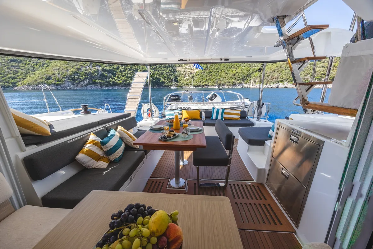 Deck of Solana, a Lagoon 43 catamaran at Municipal Unit of Lefkada, Greece