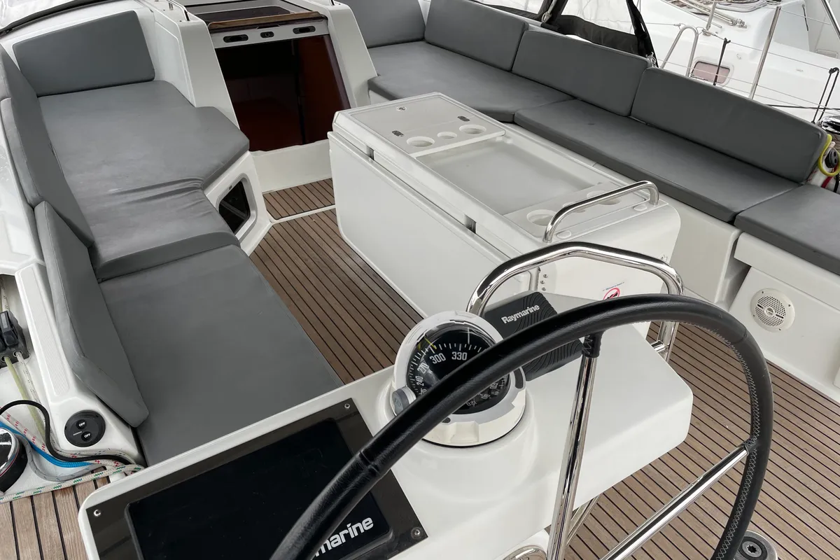 Cockpit of Jeanneau 54, a sailboat at Volos, Greece