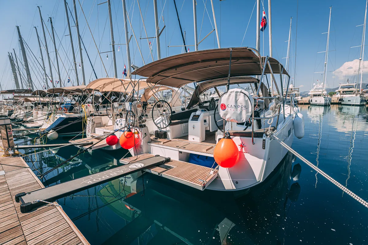 Exterior view of Purr, a Jeanneau Sun Odyssey 410 sailboat at Kaštela, Croatia