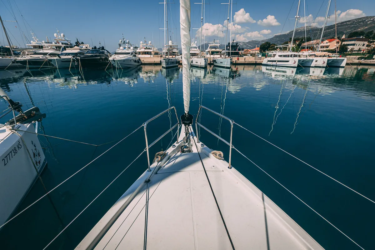 Exterior view of Purr, a Jeanneau Sun Odyssey 410 sailboat at Kaštela, Croatia