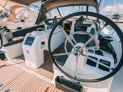 Cockpit of Purr, a Jeanneau Sun Odyssey 410 sailboat at Kaštela, Croatia