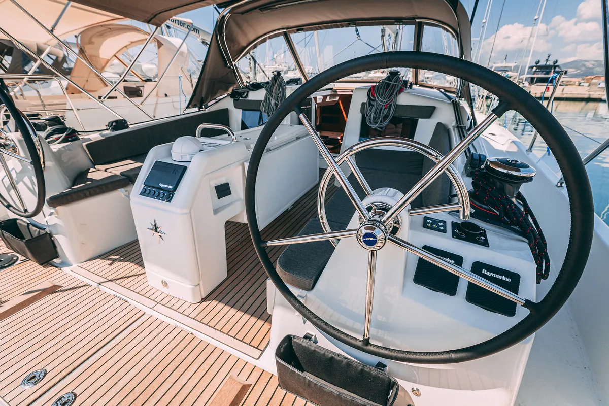 Cockpit of Purr, a Jeanneau Sun Odyssey 410 sailboat at Kaštela, Croatia