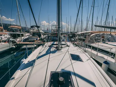Deck of Purr, a Jeanneau Sun Odyssey 410 sailboat at Kaštela, Croatia