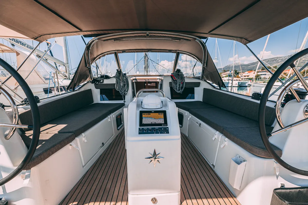 Cockpit of Purr, a Jeanneau Sun Odyssey 410 sailboat at Kaštela, Croatia