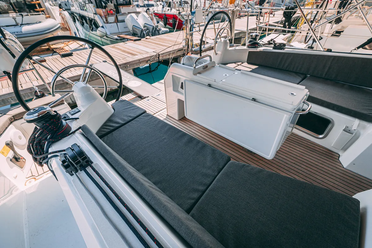 Deck of Purr, a Jeanneau Sun Odyssey 410 sailboat at Kaštela, Croatia