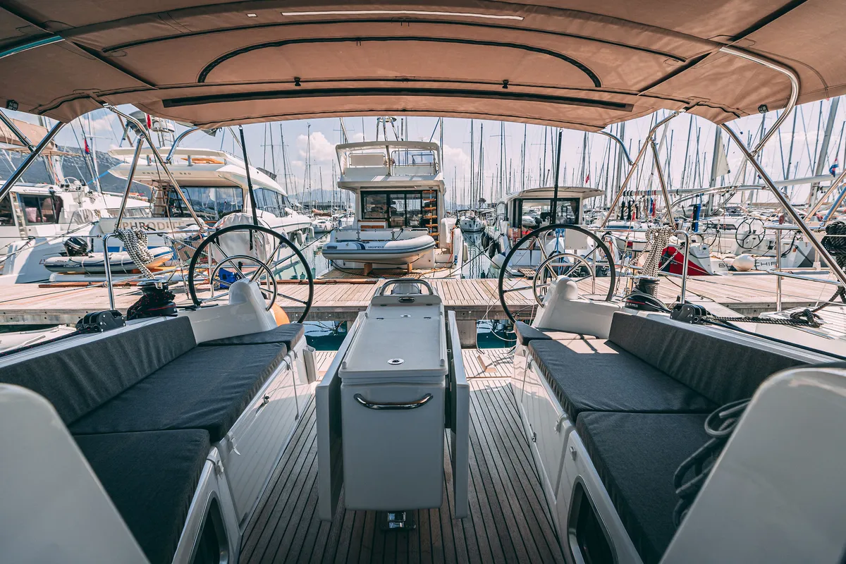 Deck of Purr, a Jeanneau Sun Odyssey 410 sailboat at Kaštela, Croatia