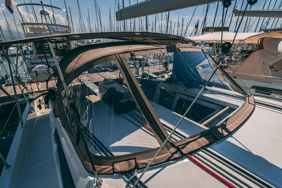 Exterior view of Purr, a Jeanneau Sun Odyssey 410 sailboat at Kaštela, Croatia