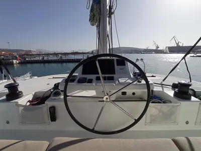 Cockpit of Kasper, a Lagoon 50 catamaran at Seget Donji, Croatia