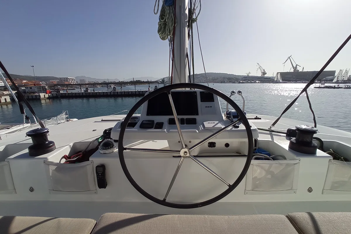 Cockpit of Kasper, a Lagoon 50 catamaran at Seget Donji, Croatia