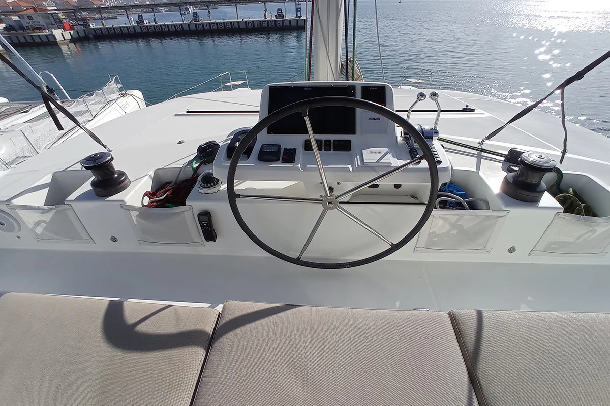 Cockpit of Kasper, a Lagoon 50 catamaran at Seget Donji, Croatia