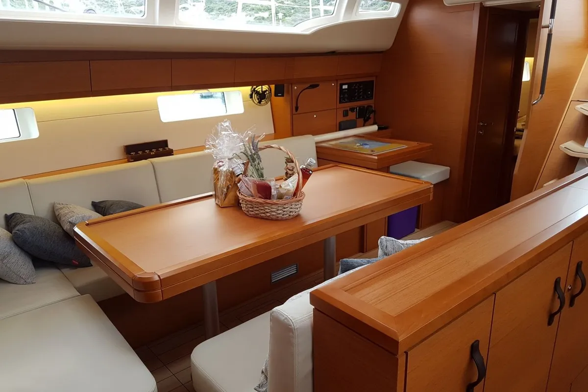 Salon of Blue Dream, a Jeanneau 54 sailboat at Pirovac, Croatia