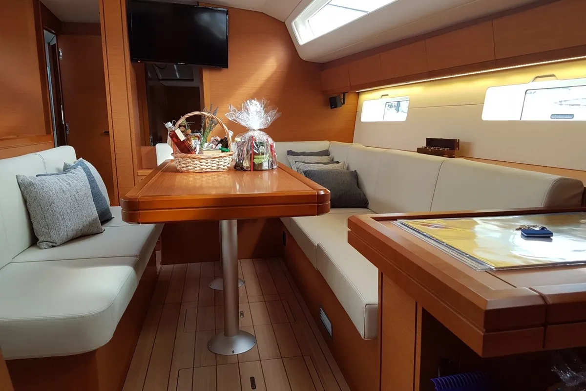 Salon of Blue Dream, a Jeanneau 54 sailboat at Pirovac, Croatia