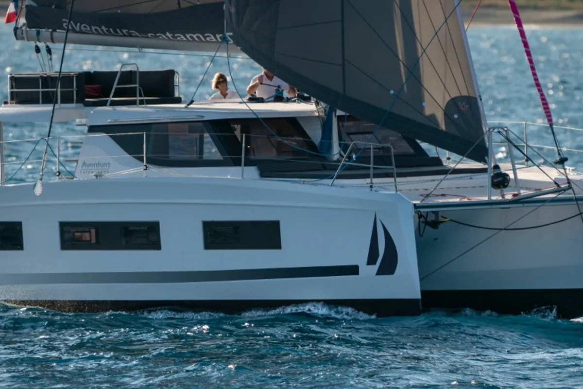 Exterior view of Ilusión, a Aventura 37 catamaran at Valencia, Spain