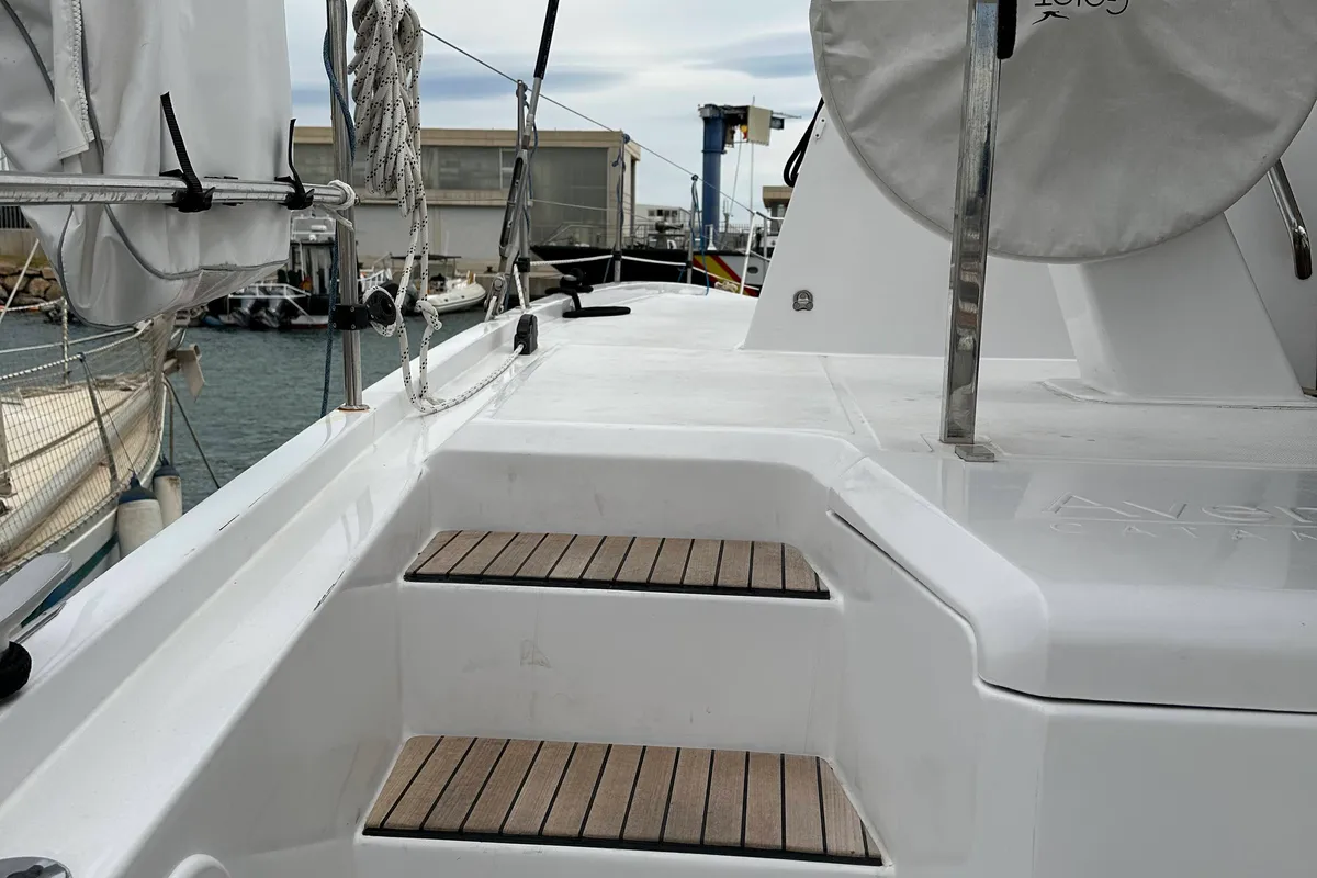 Deck of Ilusión, a Aventura 37 catamaran at Valencia, Spain