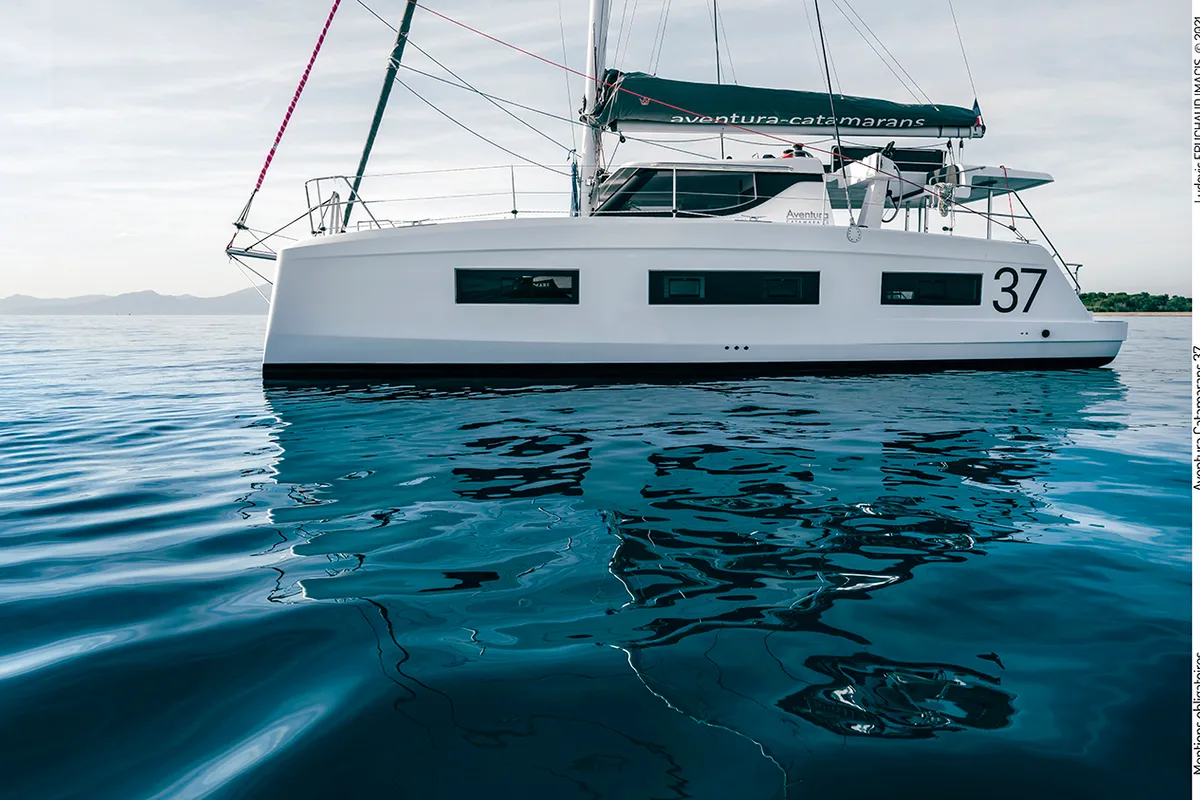 Exterior view of Ilusión, a Aventura 37 catamaran at Valencia, Spain