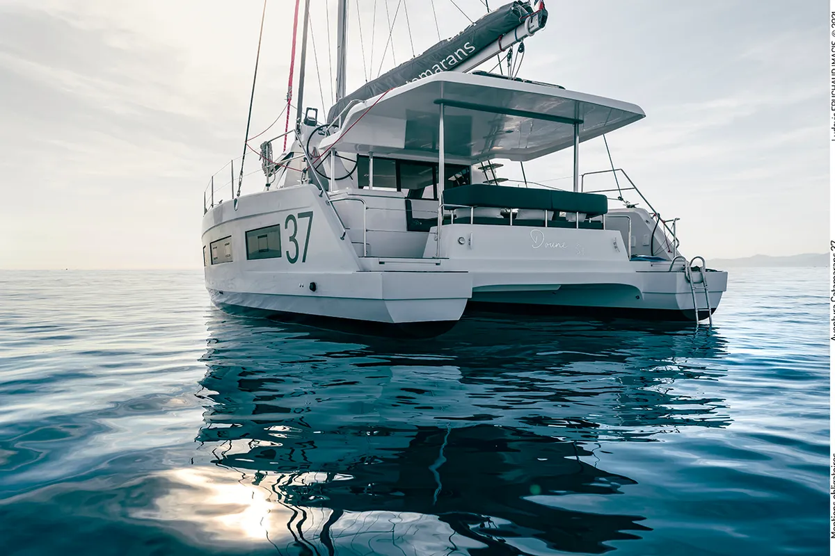 Exterior view of Ilusión, a Aventura 37 catamaran at Valencia, Spain