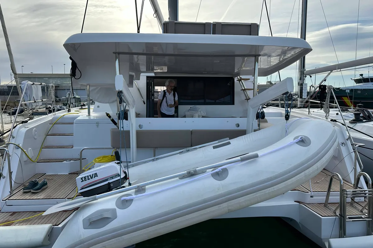 Exterior view of Ilusión, a Aventura 37 catamaran at Valencia, Spain