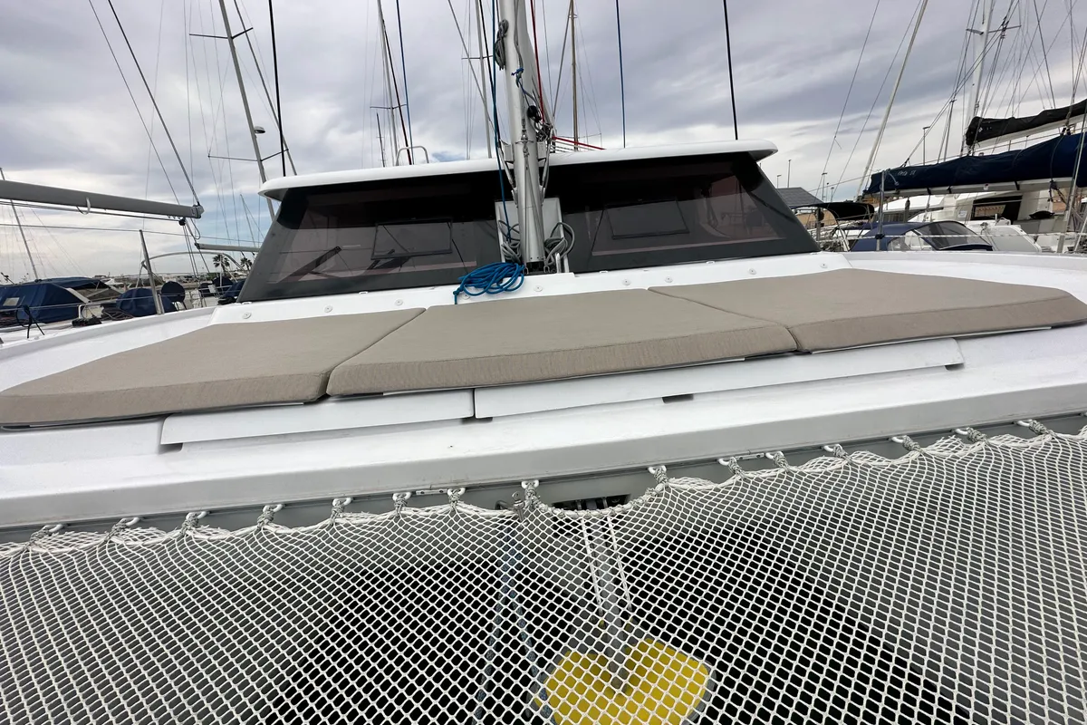 Deck of Ilusión, a Aventura 37 catamaran at Valencia, Spain