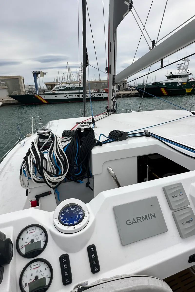 Cockpit of Ilusión, a Aventura 37 catamaran at Valencia, Spain