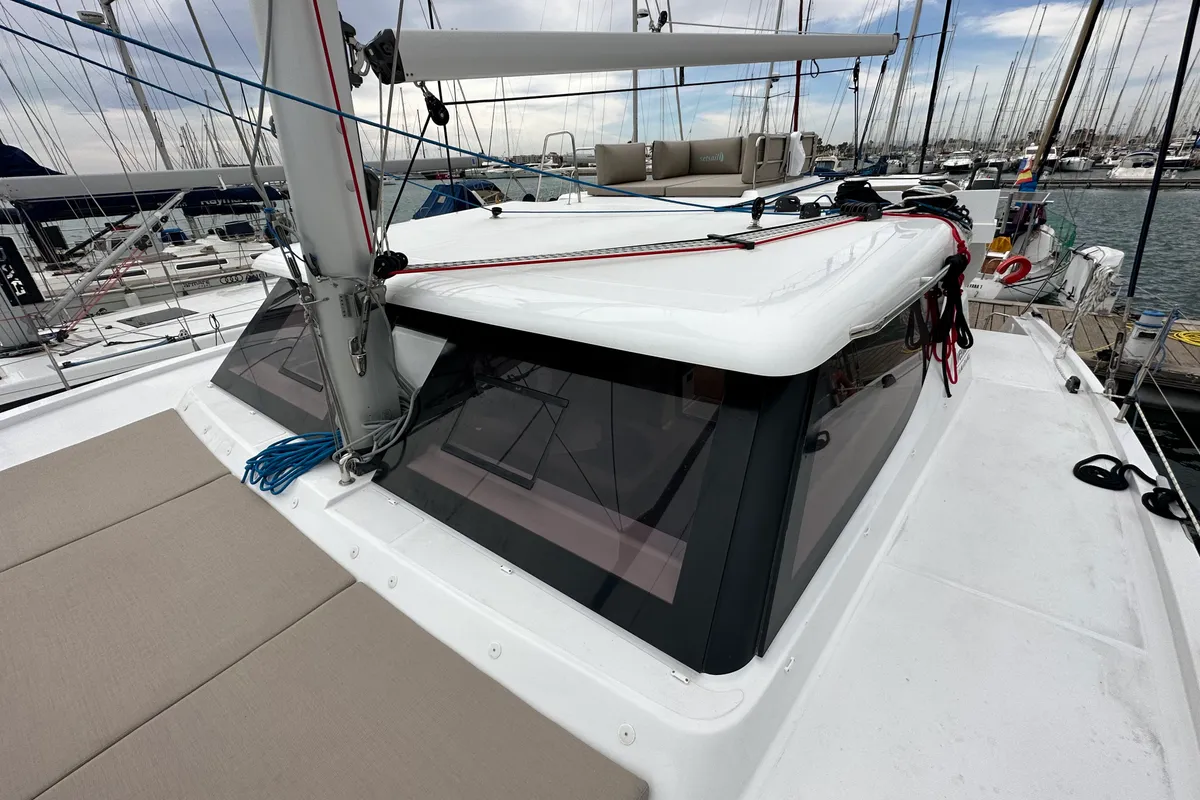 Deck of Ilusión, a Aventura 37 catamaran at Valencia, Spain