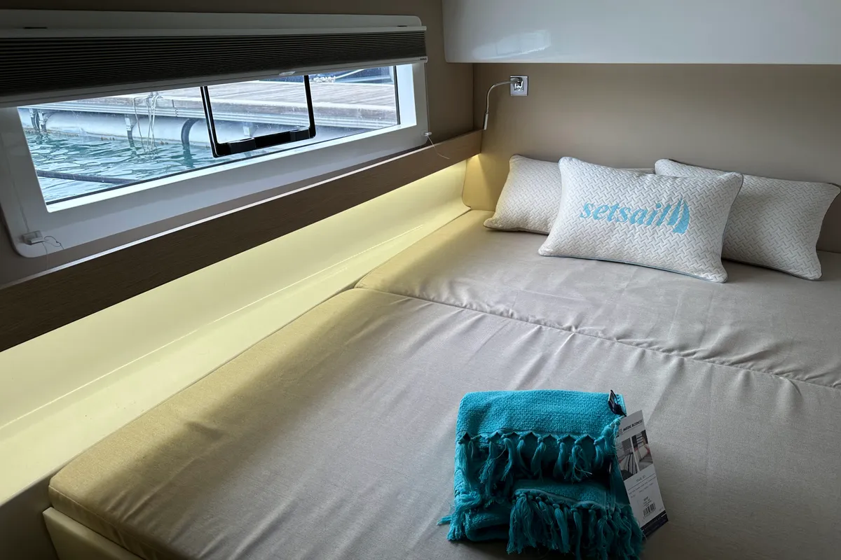 Cabin on Ilusión, a Aventura 37 catamaran at Valencia, Spain