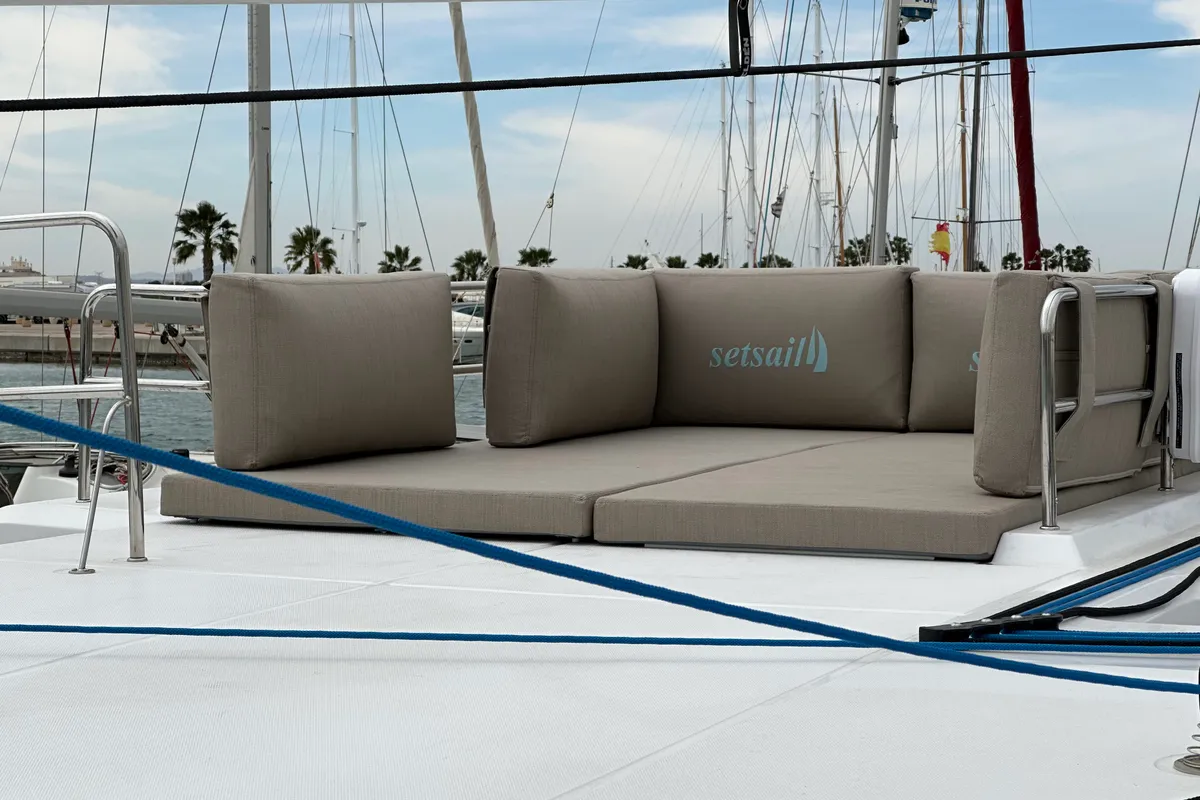 Deck of Ilusión, a Aventura 37 catamaran at Valencia, Spain