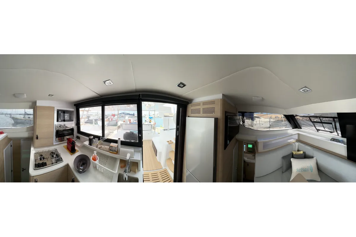 Salon of Ilusión, a Aventura 37 catamaran at Valencia, Spain