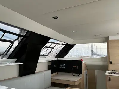 Salon of Ilusión, a Aventura 37 catamaran at Valencia, Spain