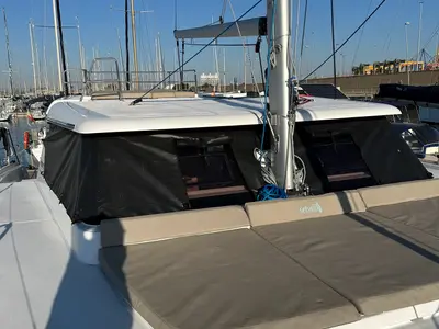 Deck of Ilusión, a Aventura 37 catamaran at Valencia, Spain