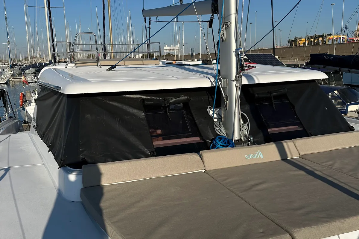 Deck of Ilusión, a Aventura 37 catamaran at Valencia, Spain