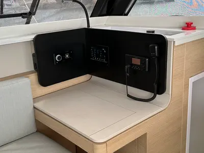 Cockpit of Ilusión, a Aventura 37 catamaran at Valencia, Spain