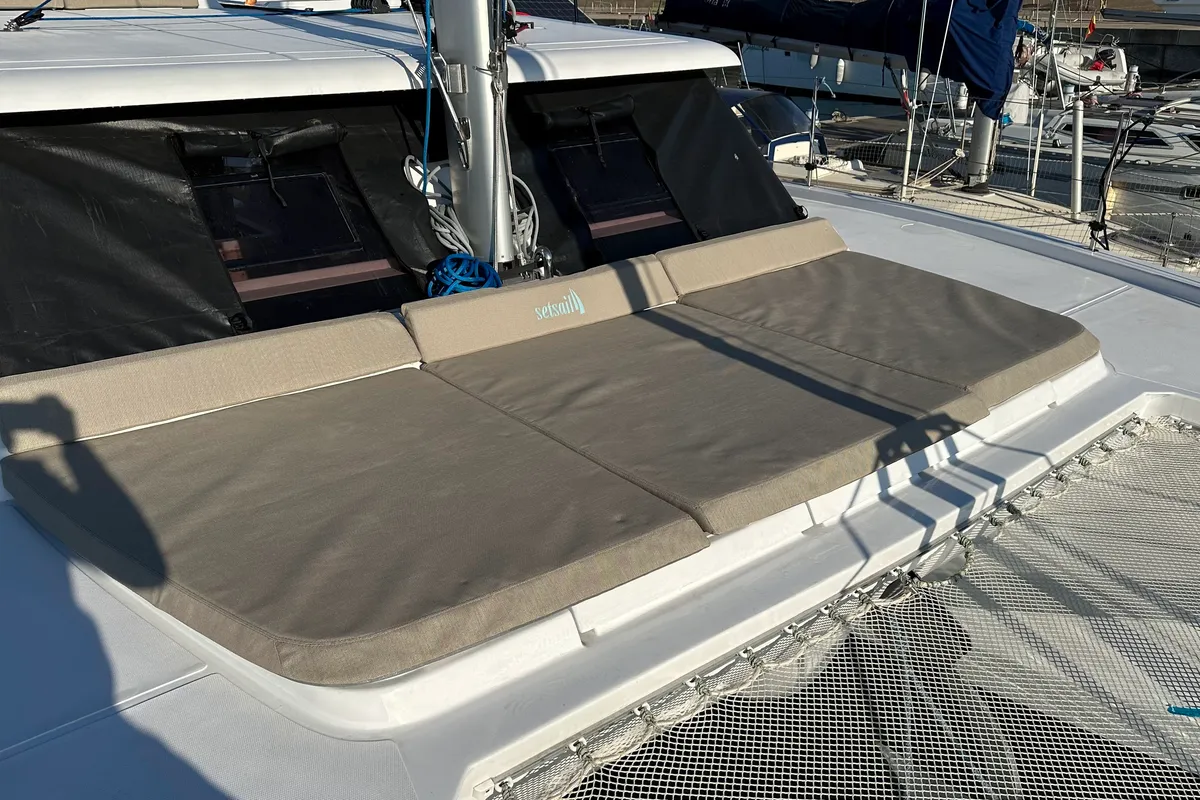 Deck of Ilusión, a Aventura 37 catamaran at Valencia, Spain