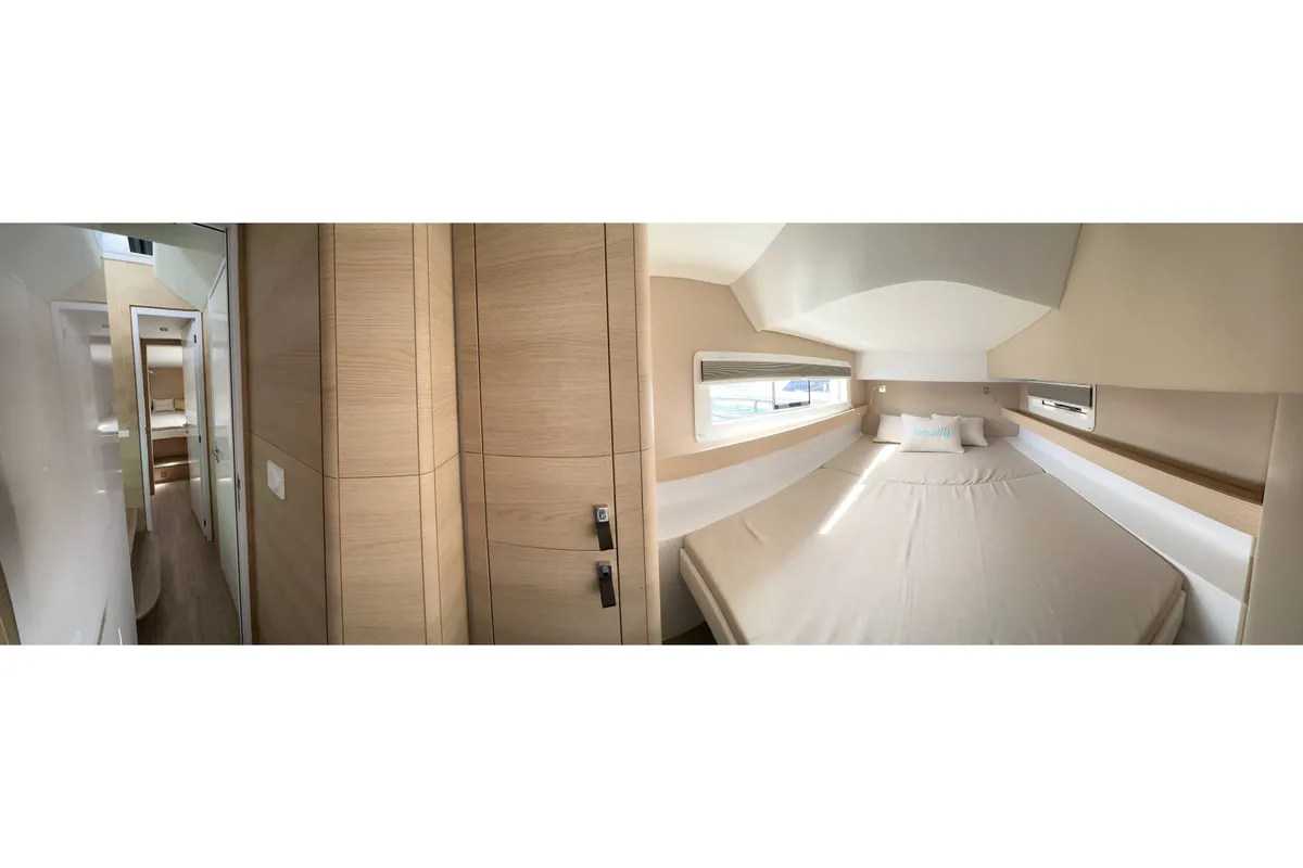 Cabin on Ilusión, a Aventura 37 catamaran at Valencia, Spain