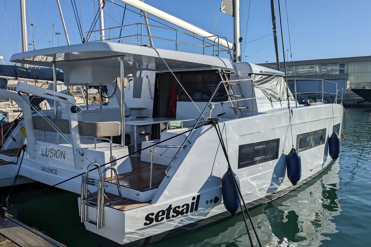 Exterior view of Ilusión, a Aventura 37 catamaran at Valencia, Spain