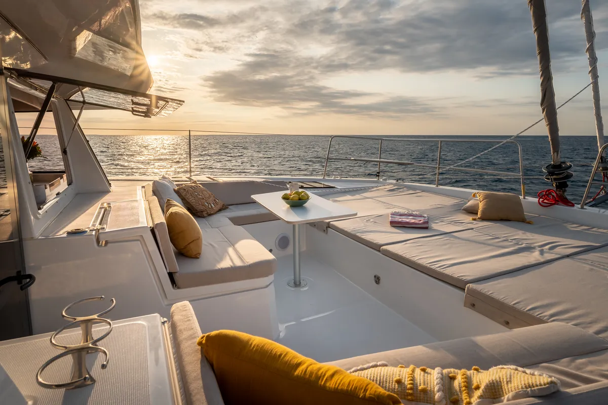Deck of Santa Ana, a Bali 4.6 catamaran at Saint-Mandrier-sur-Mer, France