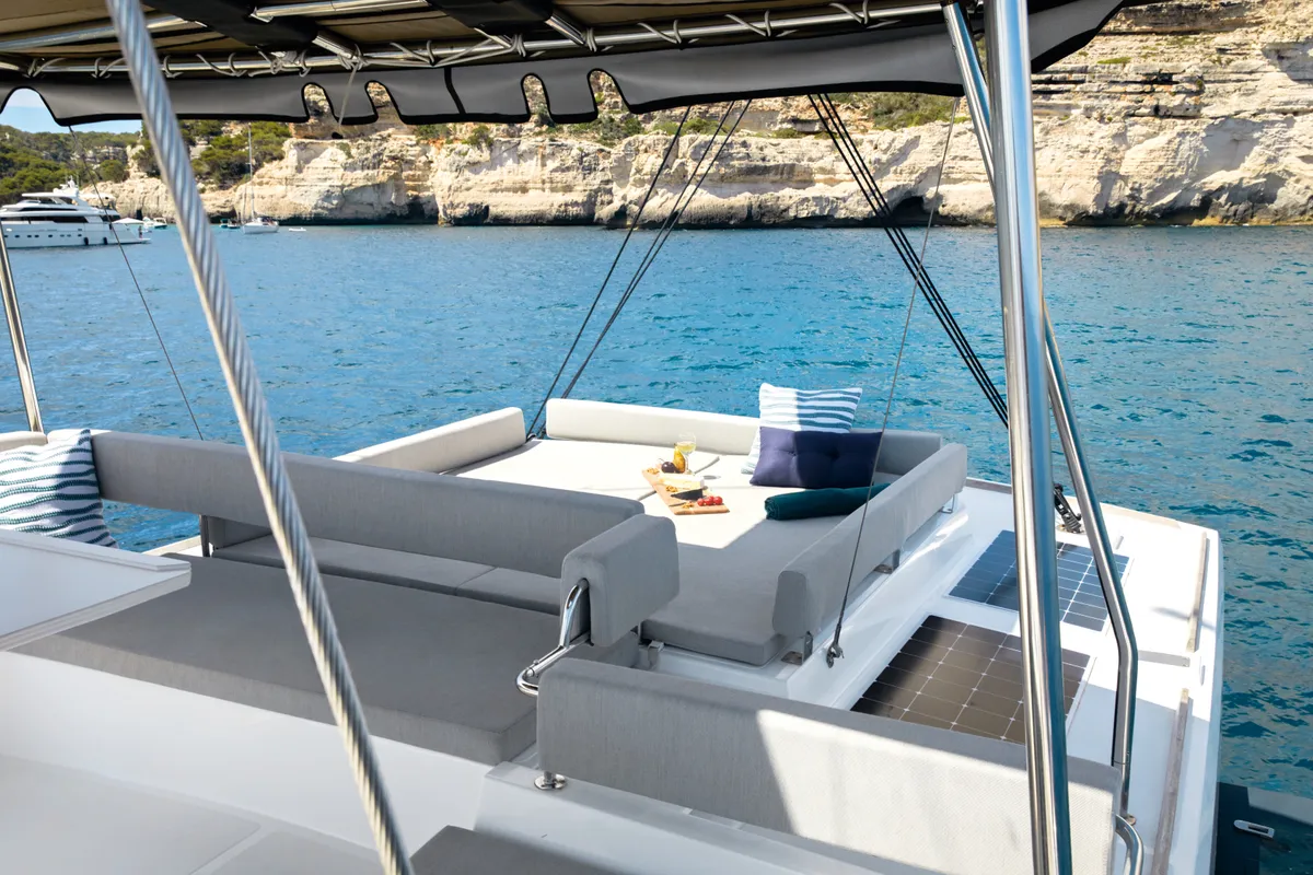 Deck of Santa Ana, a Bali 4.6 catamaran at Saint-Mandrier-sur-Mer, France
